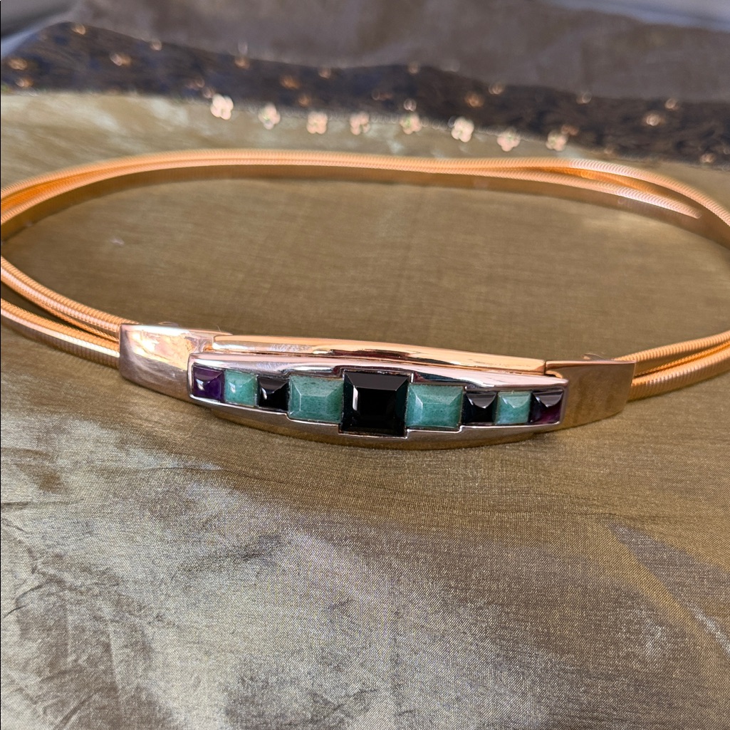 Judith Leiber Gold-Tone Multi-Stone Green & Black Stones Belt